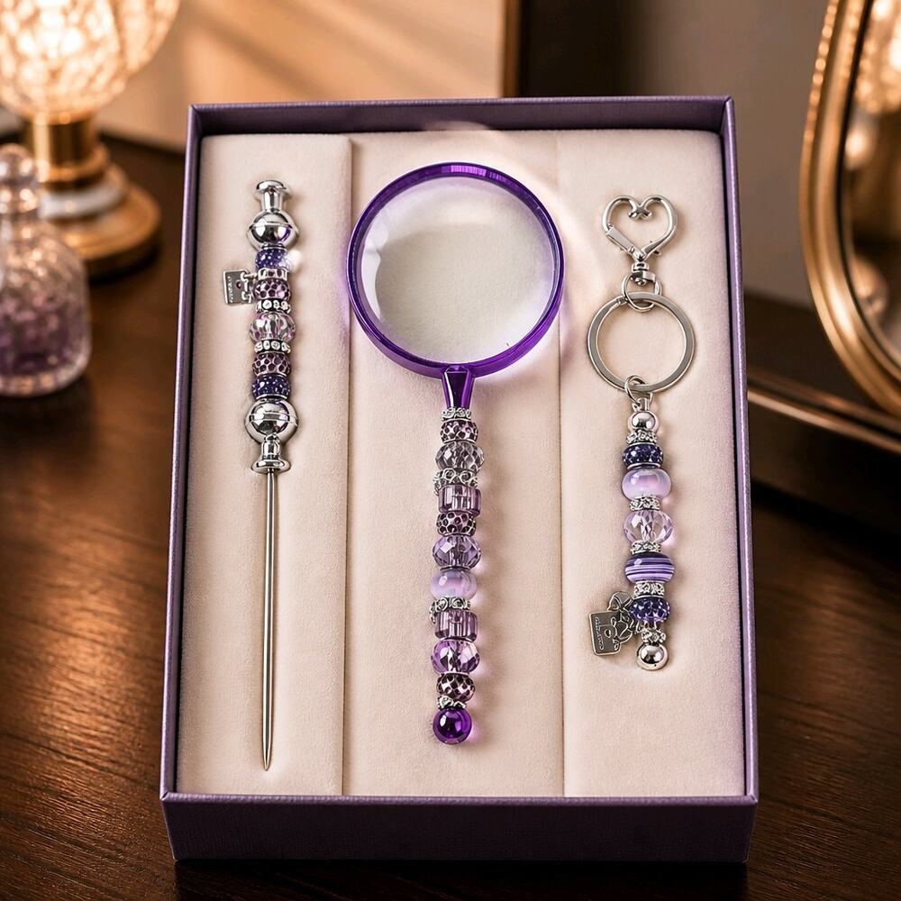 3 Piece Purple Beaded Desk Set with Bling